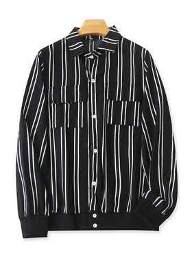 长袖翻领衬衫 春秋新款竖条纹衬衣女士纽扣时尚打底外贸上衣08272