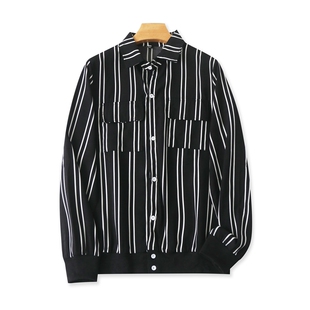 竖条纹衬衣女士纽扣时尚 春秋新款 打底外贸上衣08272 翻领衬衫 长袖