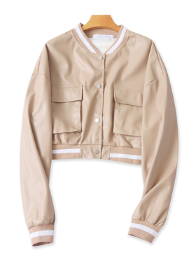 PU皮立领短款夹克衫 春秋新款长袖百搭时尚宽松女上衣皮外套21072