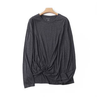 圆领收褶T恤衫 春季新款长袖薄款女套头打底衫宽松休闲上衣R/15-3