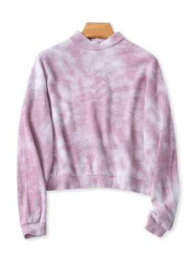 外贸墨染长袖卫衣春秋新款短款T恤女套头打底衫宽松休闲上衣19313