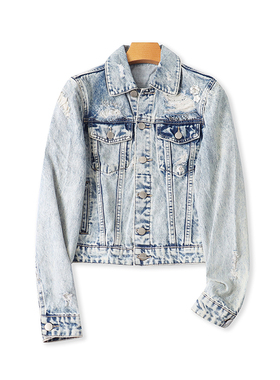 外贸钉珠破洞牛仔外套 夏季新款棉做旧短款时尚女装翻领上衣24073