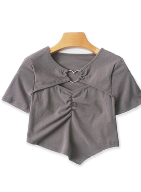 圆领假两件镂空T 恤衫夏季新款短款时尚女打底衫外贸上衣05093