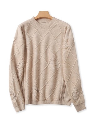 厚圆领破洞麻花毛衣 女秋冬新长袖时尚针织衫 宽松弹力上衣 22291