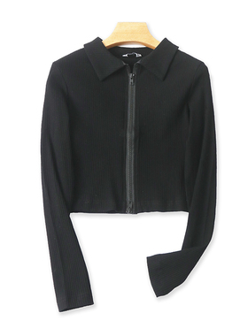 翻领拉链衬衫 春夏季新款修身短款开衫T恤衫 长袖女衬衣上衣05112