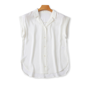 仿真丝翻领无袖衬衫 夏季新款纽扣开衫宽松休闲衬衣女装上衣22013