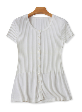 冰丝圆领针织衫 夏季新款短袖弹力修身T恤开衫 女装时尚上衣15482