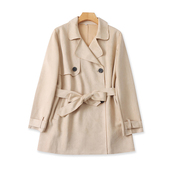 显瘦纽扣大衣女系带中长款 外贸翻领麂皮绒风衣 春秋时尚 外套24104