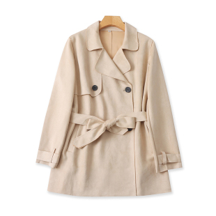 外套24104 显瘦纽扣大衣女系带中长款 外贸翻领麂皮绒风衣 春秋时尚