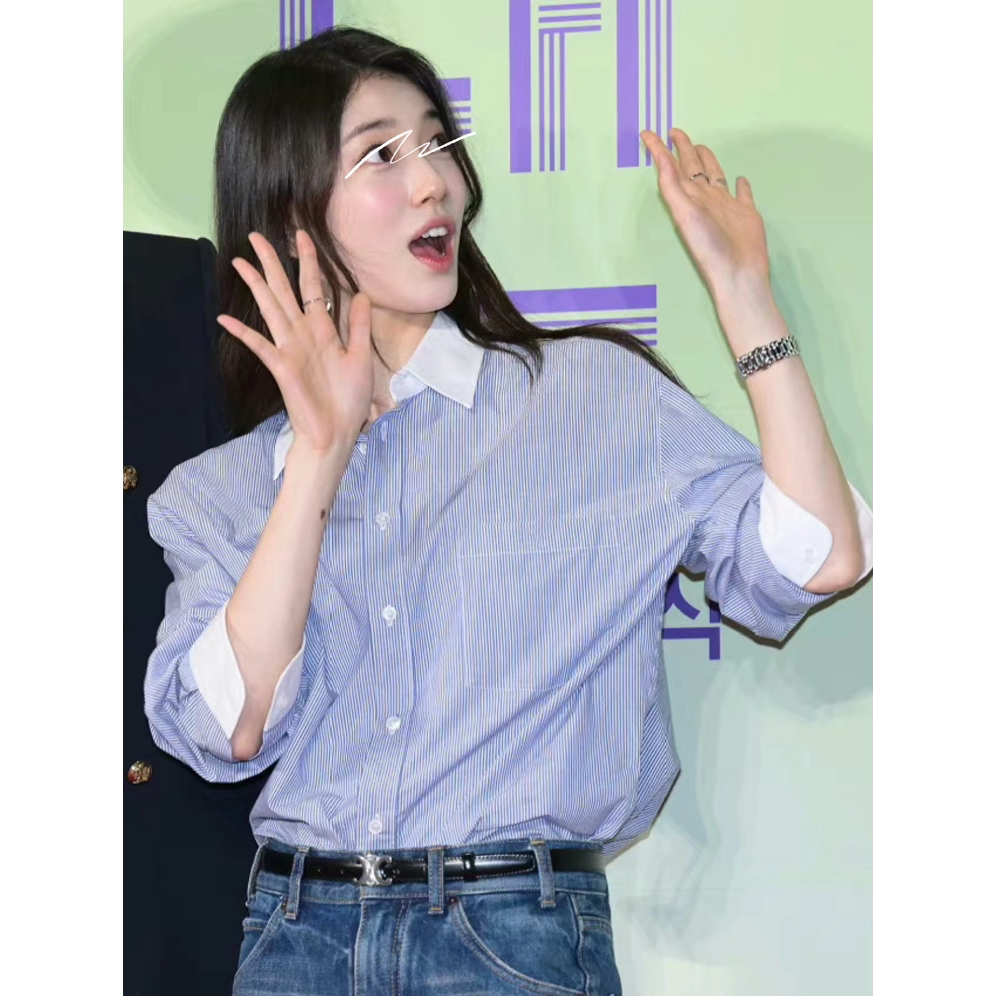 春夏欧美风竖条纹拼色女长袖衬衫图片