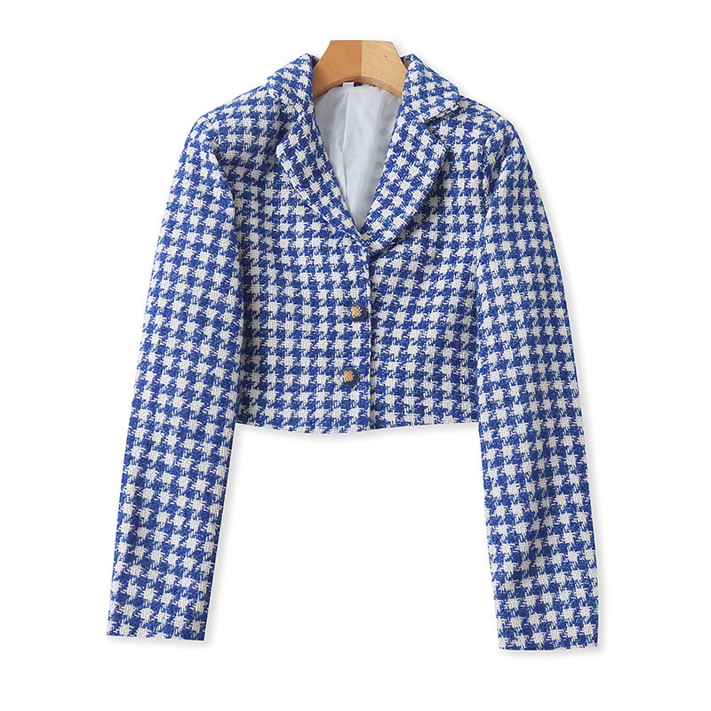 复古翻领粗花呢短款西服 春秋新款时尚女装休闲上衣长袖外套07602