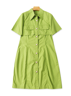 法式假两件连衣裙 夏季新款短袖纽扣开衫中长款A字翻领裙子 07223