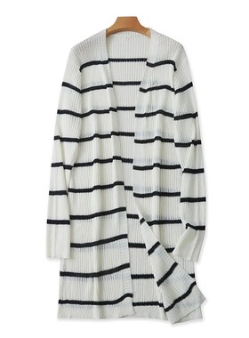 外贸针织横条纹开衫 春秋新款中长款针织披肩女长袖外套上衣14494