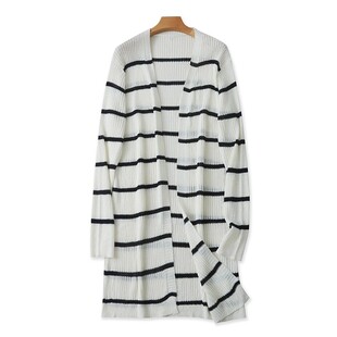 外贸针织横条纹开衫 春秋新款中长款针织披肩女长袖外套上衣14494
