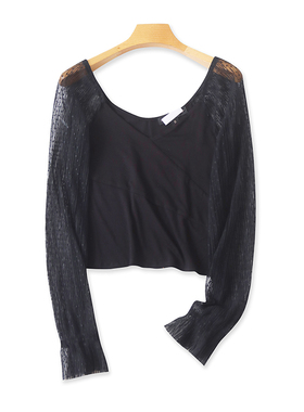 V领拼接网纱T恤衫 春秋新款短款长袖露背体恤打底衫宽松上衣11162
