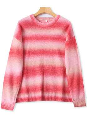 慵懒风圆领渐变色毛衣 秋冬款保暖套头时尚针织衫女宽松上衣09024