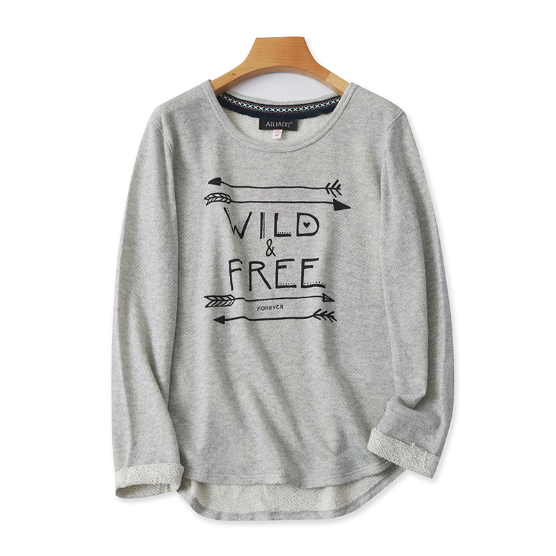 毛圈圆领字母卫衣 秋季新款长袖套头T恤衫 女错层打底上衣 T/12-4