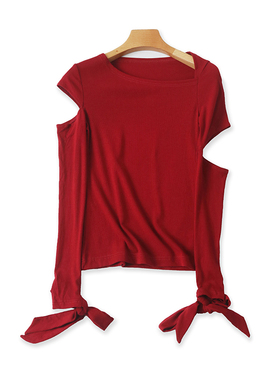 系带针织螺纹T恤衫 春秋新款露臂弹力打底衫 时尚女套头上衣19103