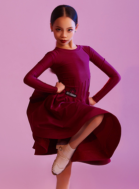 星辰舞服长袖修身体协比赛加分质感服装酒红圆领长袖规定服20290