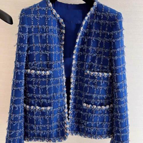 气质小香风蓝色短外套女2023春秋款法式高级感粗花呢编织百搭上衣