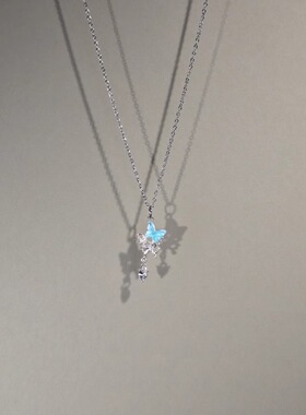 蓝色蝴蝶吊坠项链女锁骨链