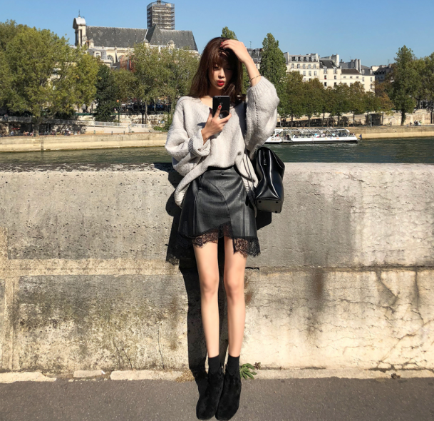 chic ▲韩国官网代购 不规则蕾丝下摆半身裙短裙
