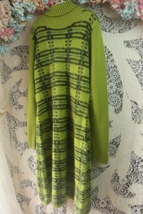 新品 绿色格子高龄长款修身连衣裙纯马海毛