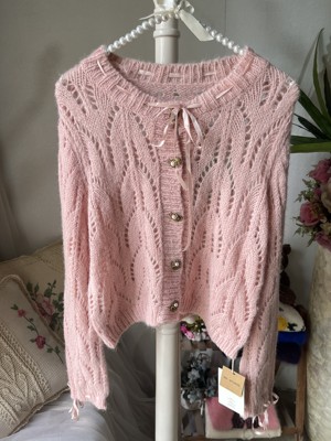 复古毛衣粉色镂空针织开衫秋冬薄款马海毛毛衣外套打底上衣