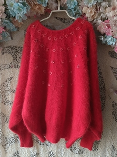 2024新正红色大蝙蝠袖手工满身珍珠花朵个性甜美尖货原单单品兔毛