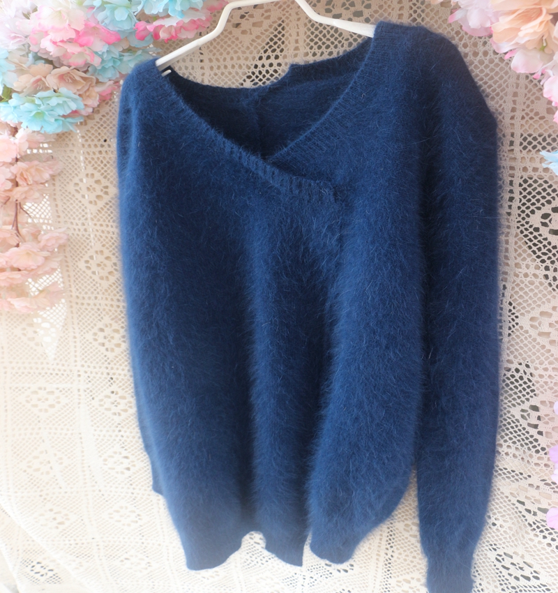 新品深蓝色大v领中长款毛茸茸不对称套头毛线衣尖货百搭兔毛