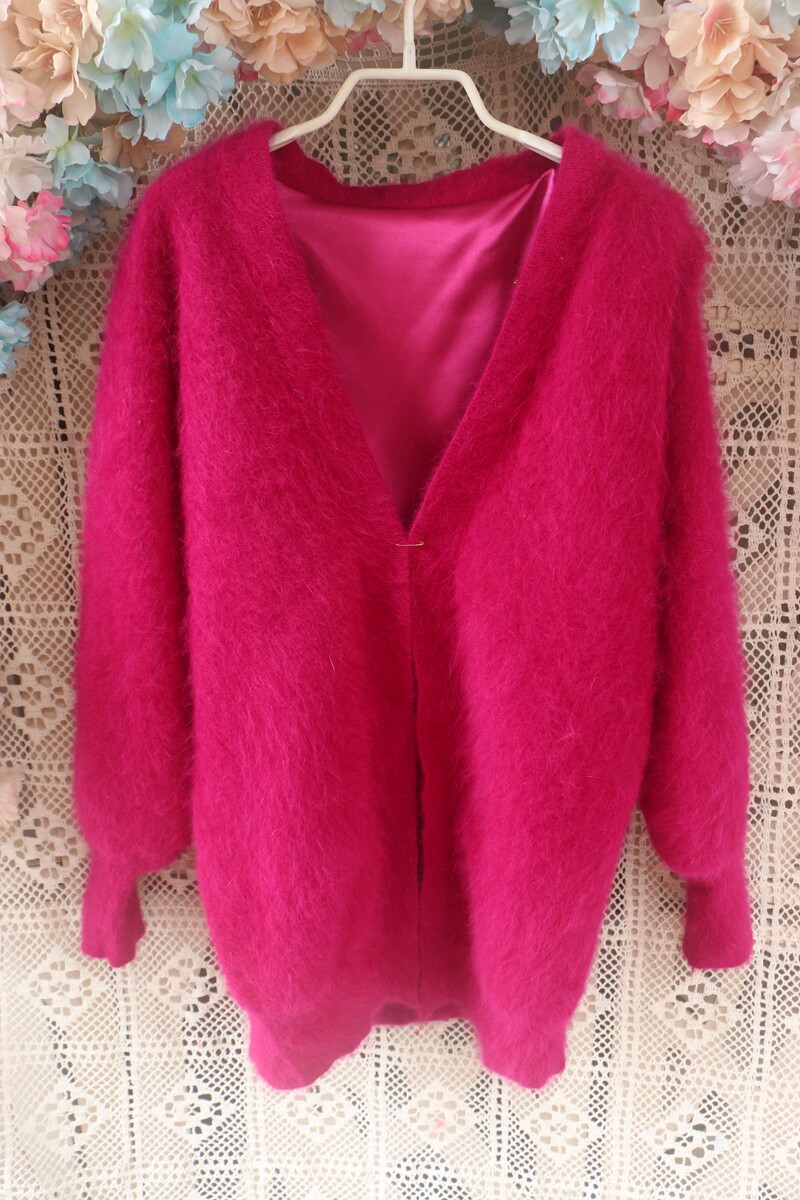 玫红色披肩中长款加厚带里衬披肩奢华大外套洋气甜美开衫兔毛