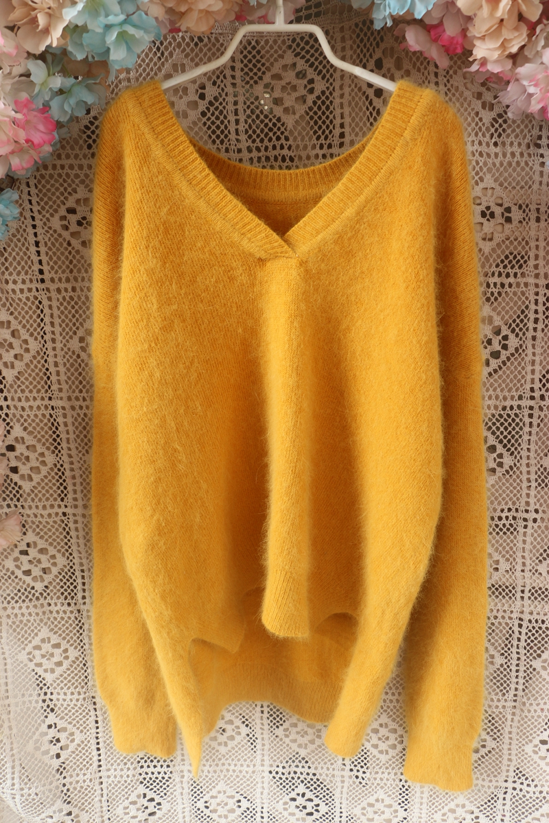 新品明黄色大V领边开叉晚礼服高端大牌开衫中长款珍品兔毛