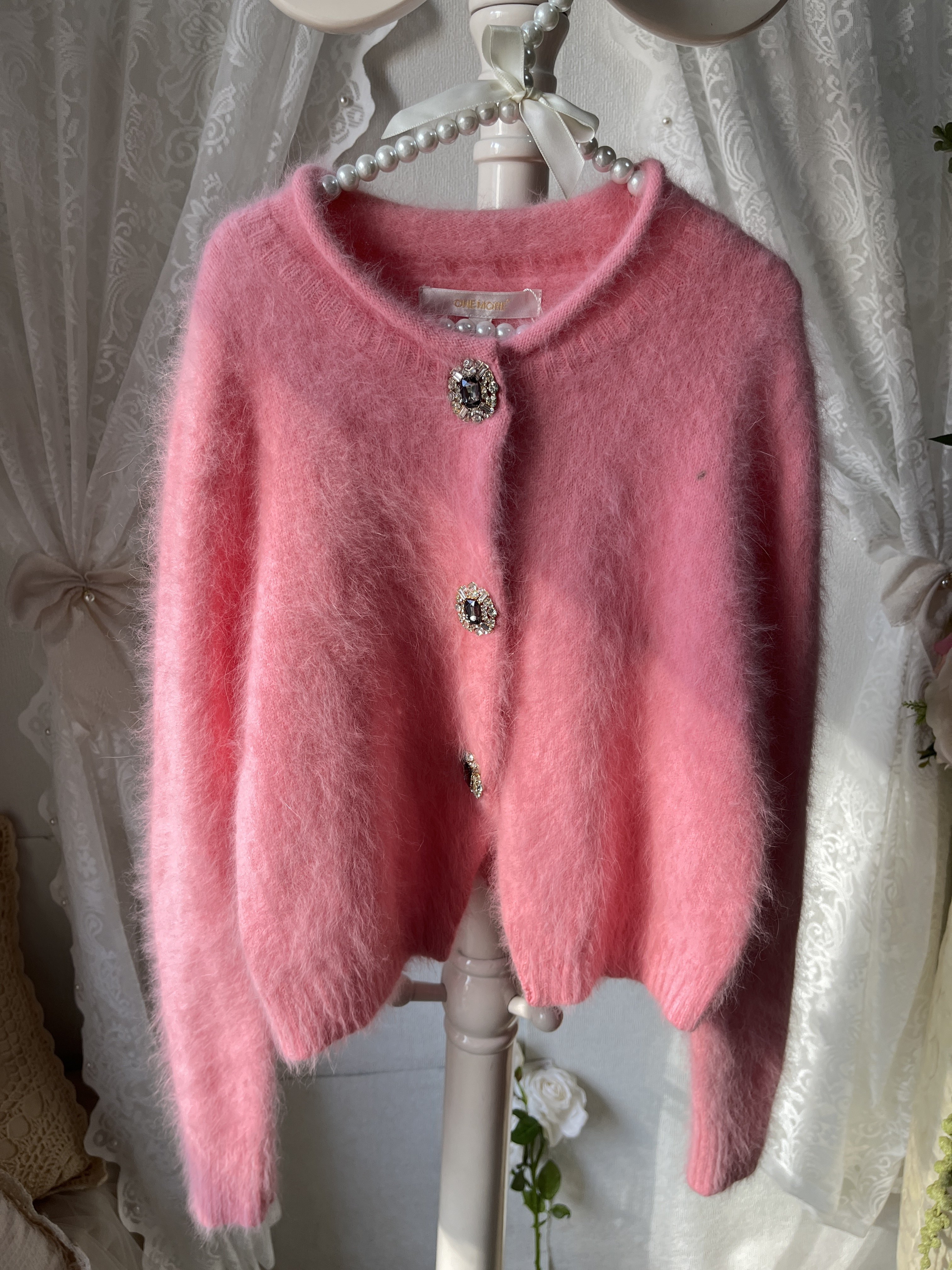 粉色系标短款小码镶钻精品小开衫长毛兔毛开衫新品特别小