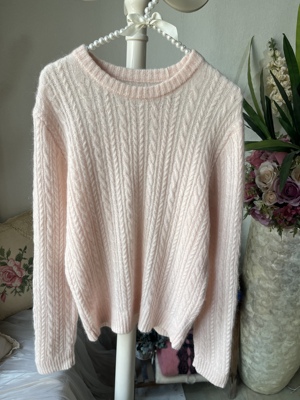 复古粉色圆领麻花针织马海毛羊毛衫女秋冬新款宽松慵懒风百搭毛衣
