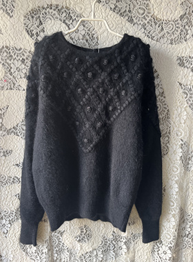 004004秋冬宽松套头毛衣纯黑色豆豆款宽松费尔岛风套头长毛毛兔毛