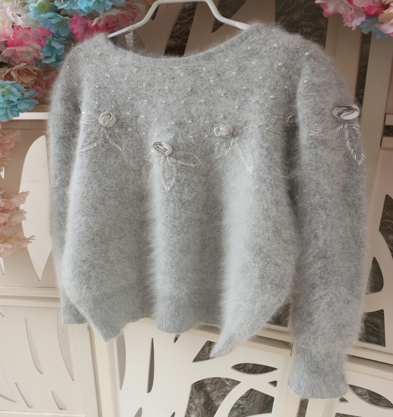 新品浅灰色手工立体花骨朵毛茸茸宽松仙美套头毛线衣兔毛小码特价