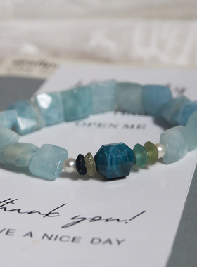 珠莲碧荷『蔚蓝海岸线』冰凉蓝色系天然海蓝宝凤凰石珍珠个性手链