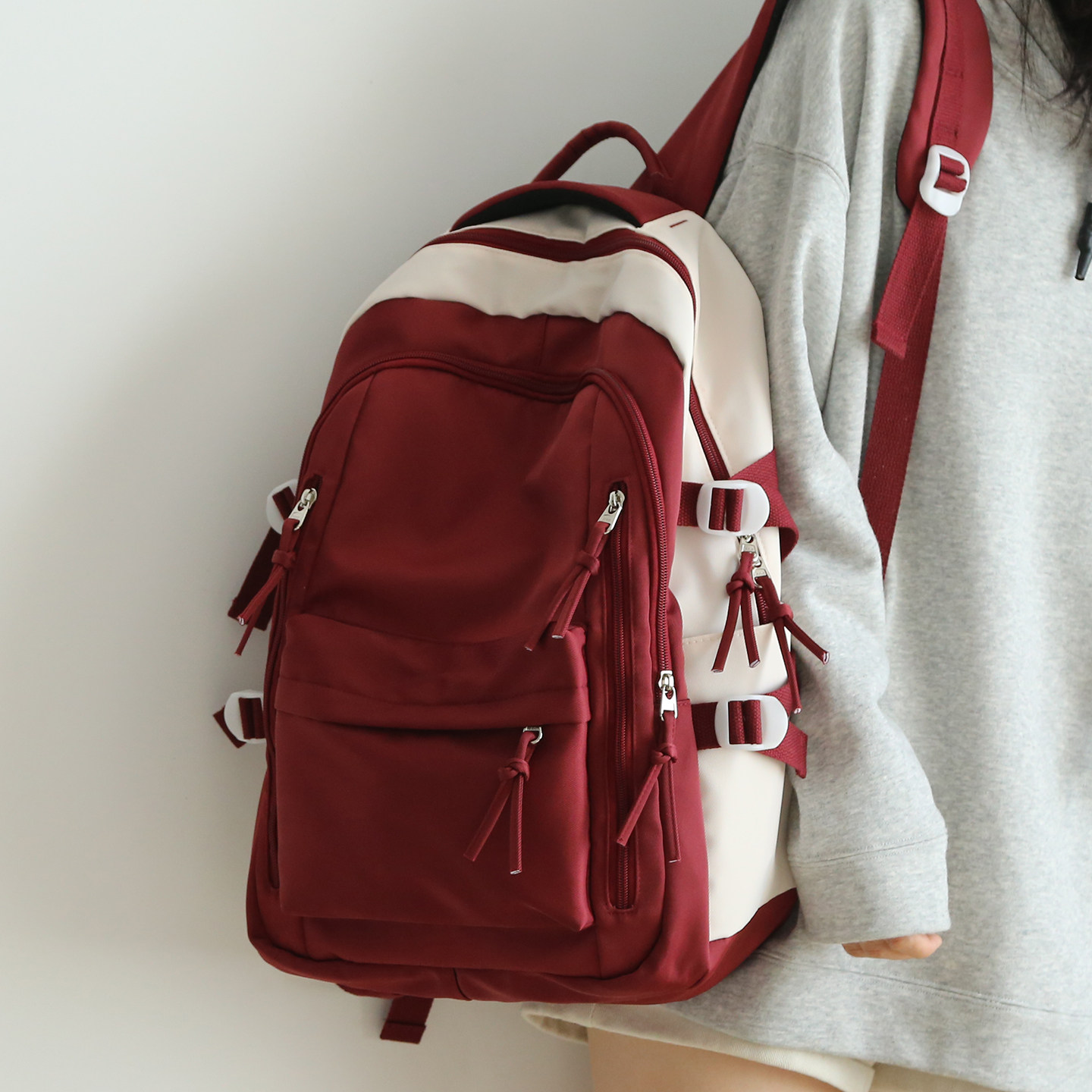 酒红色大容量双肩包女书包初中女生高中登山包电脑包旅游双肩背包