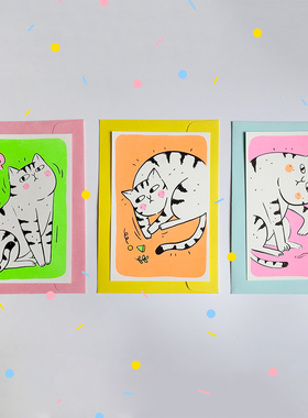 StudioPills原创胖猫手工丝网印创意明信片贺卡可爱卡通简约荧光