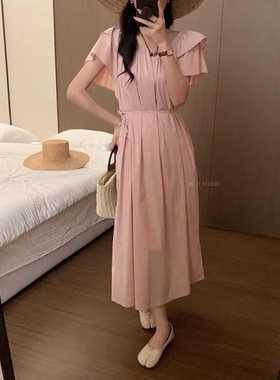 法式粉色小飞袖连衣裙女天丝裙子收腰显瘦气质优雅中长款海边长裙