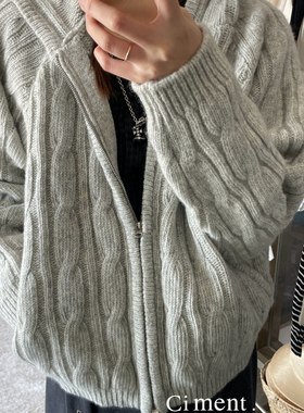 ciment 韩国东大门高品质厚实羊毛拧花连帽拉链毛衣