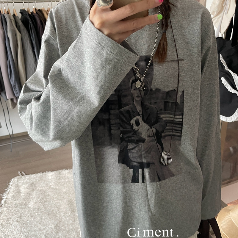 ciment 宽松百搭大版时髦慵懒棉图案长袖T恤上衣