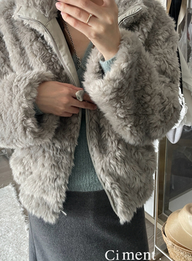 ciment 韩国东大门灰色柔软毛毛拉链外套