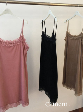 ciment 韩国东大门蕾丝花边法式丝绒叠穿吊带裙连衣裙