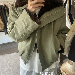 ciment 风内里毛毛保暖派克服 韩国东大门军绿工装