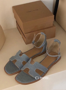 ciment mysa Lader麦莎真皮手工平底H百搭凉鞋