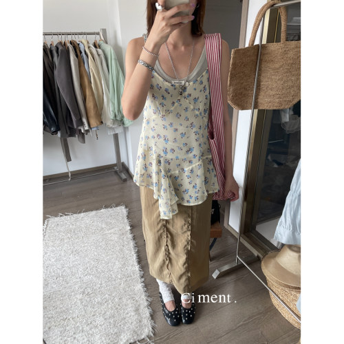 ciment 超美碎花薄款不对称吊带