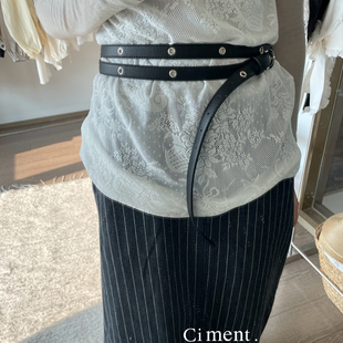 ciment 时髦铆钉黑色细长款百搭皮带腰带