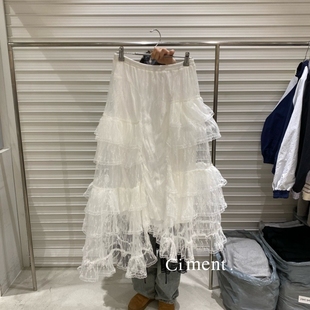 ciment 韩国东大门精致百搭松紧腰不对称设计感白色蕾丝半身裙