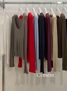 ciment 韩国东大门纯色百搭U领前后两穿磨毛T恤打底衫